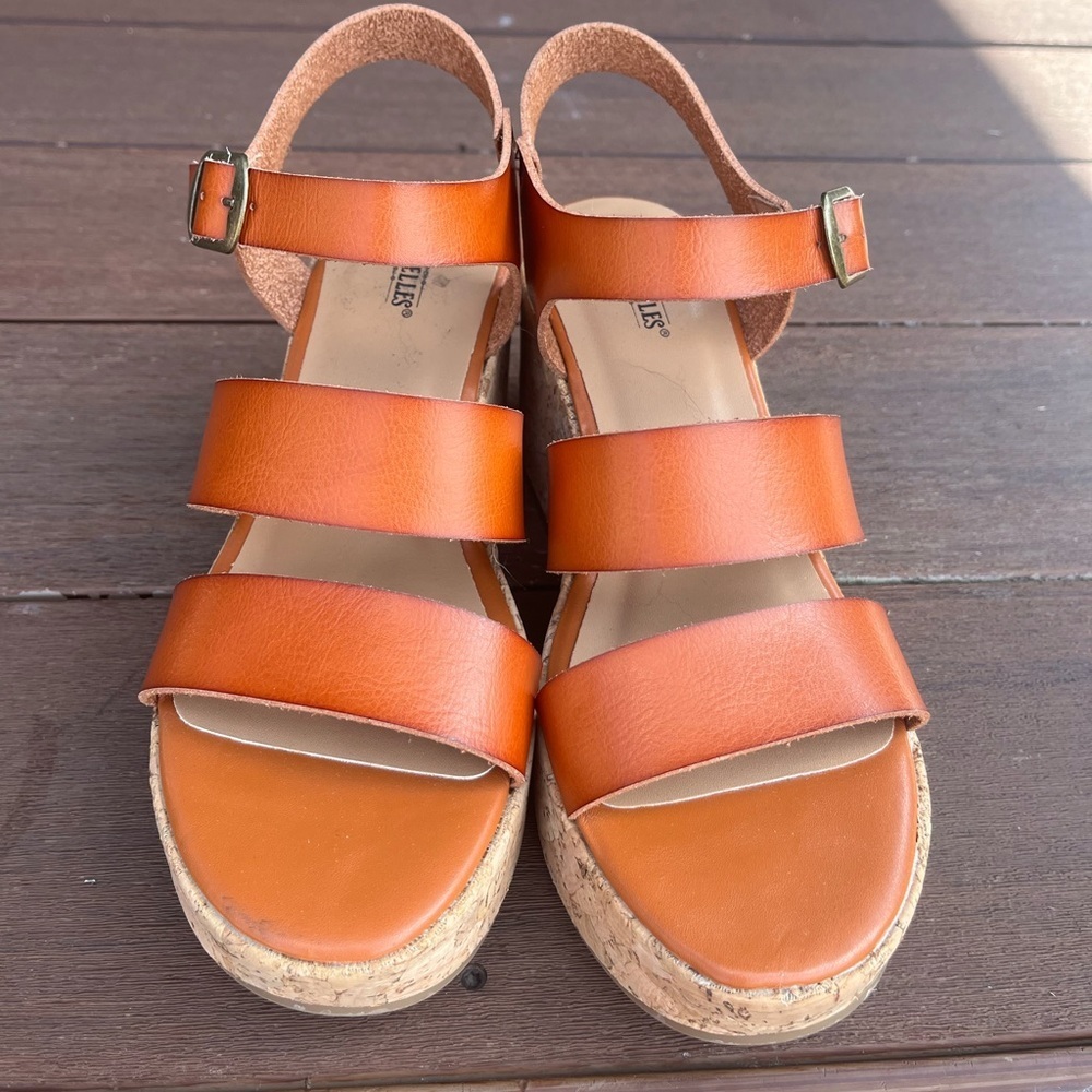 Seychelles Cognac Leather Strappy Cork Platform Sandals size 7 - Picture 2 of 8